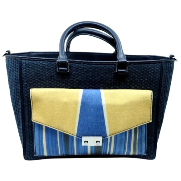 TORY BURCH~T LOCK STRAW TOTE~Navy Yellow TOP HANDLE 3 COMPARTMENT LARGE BAG - Picture 1 of 7